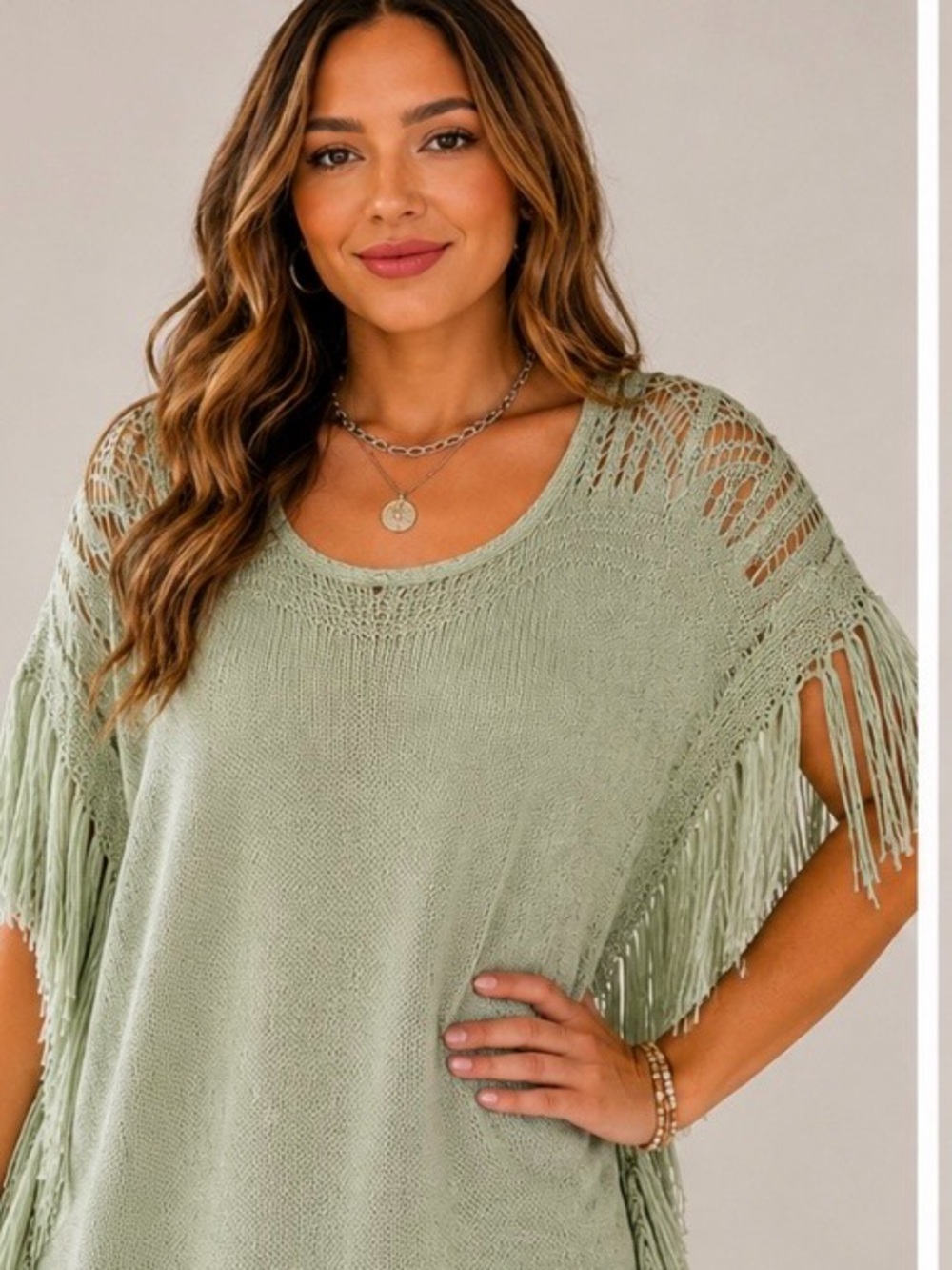 🍃 JDH Sage Green Fringe Crochet Knit Poncho Top | Boho Festival Chic | L/XL